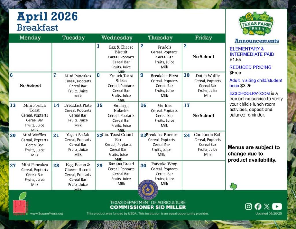 April breakfast menu